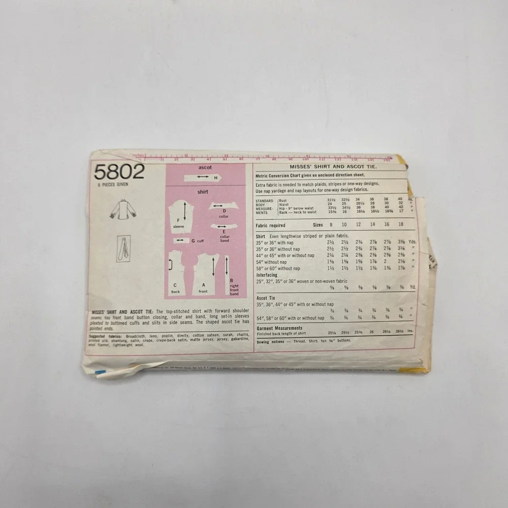 Simplicity 5802 Sewing Pattern 70s Misses Shirt Ascot Tie Size 18 Bust 40 Retro